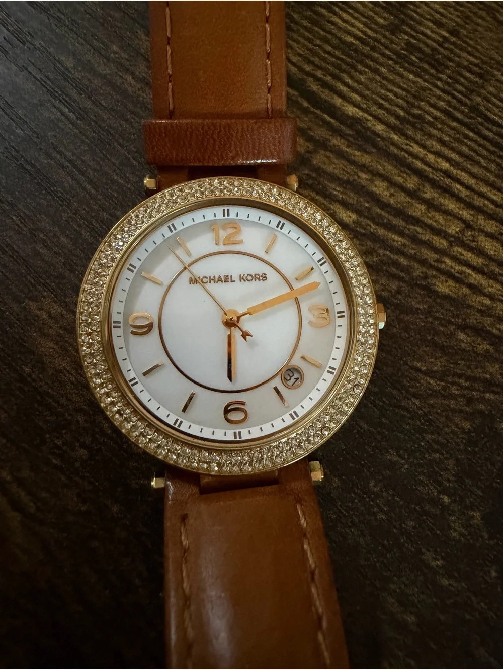 Michael Kors Gold Crystal Bezel White Dial Brown Leather Strap Watch